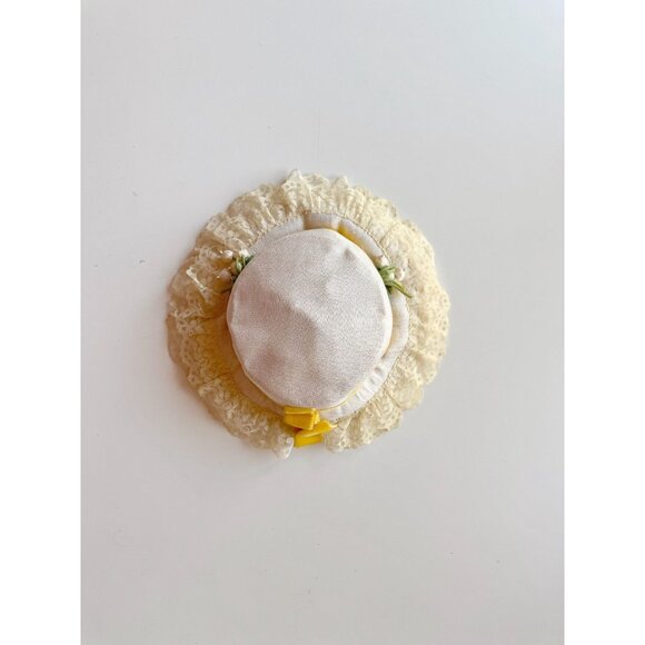 Vintage Ivory Straw Faux Floral Yellow Velvet Bow Lace Ruffle Trim Boater Hat - Picture 5 of 14